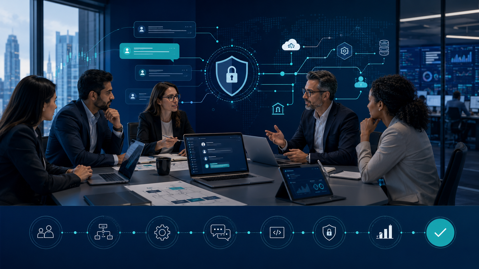 Equipo consultivo trabajando en una implementación de mensajería